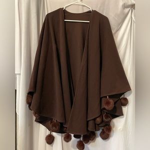 Vintage brown wool wrap with rabbit balls at ends by Lena Gabrielle New York
